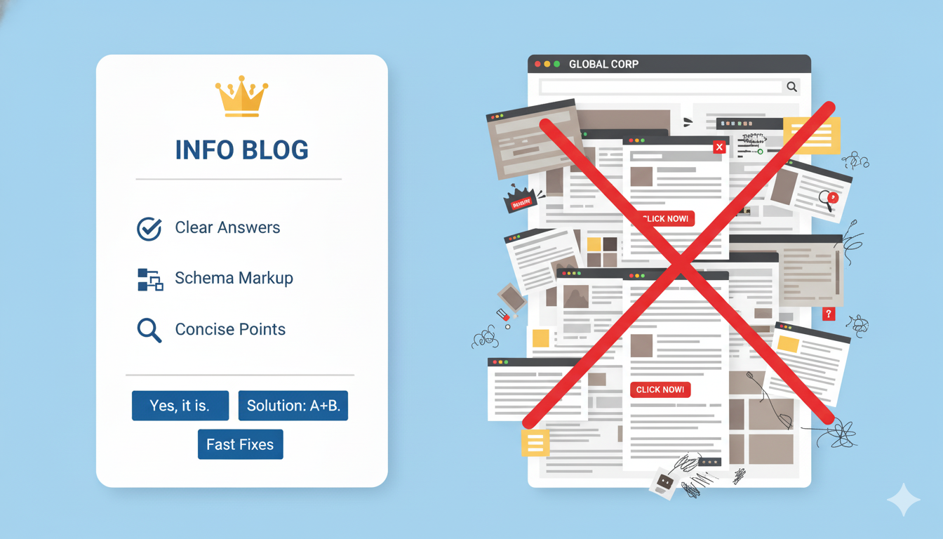Illustration of small websites outranking large ones in AI Overviews.