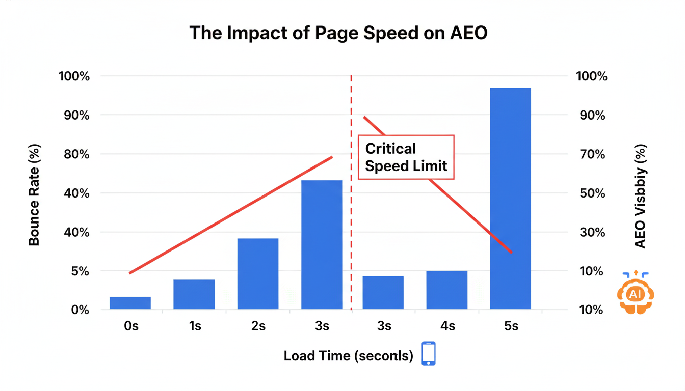 Chart linking mobile page speed to bounce rate and AEO ranking drop.