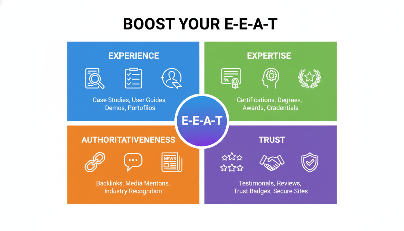 Infographic titled Boost Your E-E-A-T showing Experience, Expertise, Authoritativeness and Trust as key signals for SEO content quality